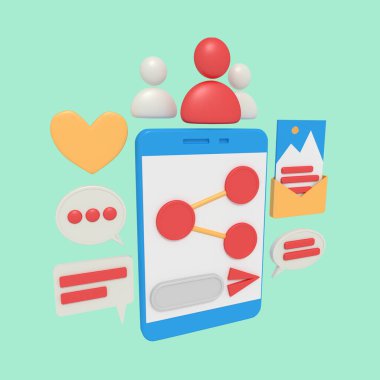 Akıllı telefondaki içerik paylaşımının 3d illüstrasyonu