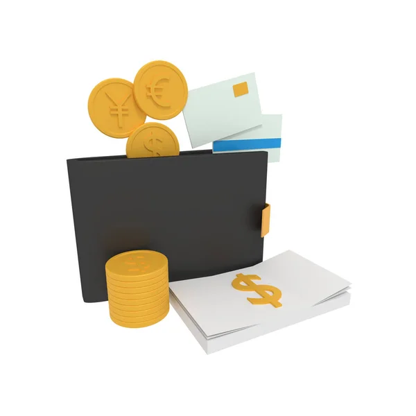 お金とAtmでいっぱいの財布の3Dイラスト — ストック写真