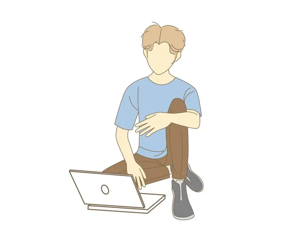 다리를 노트북을 젊은이 프리랜서 온라인 에서의 사람들의 캐릭터 만화의 스타일을 — 스톡 벡터