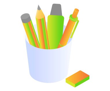 İzometrik biçimli silgi ofisine sahip kalem ve kalem
