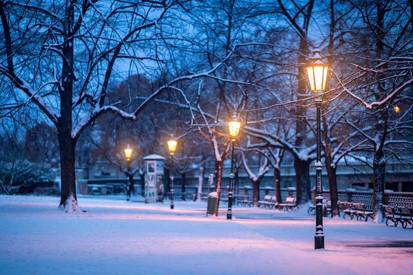 Лампы Снежном Городе — стоковое фото