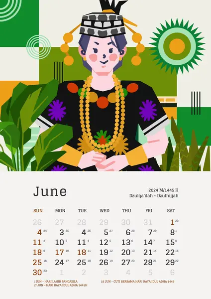 June Monthly Calendar Indonesia National Holiday Template Layout Editable Text — Stock Vector