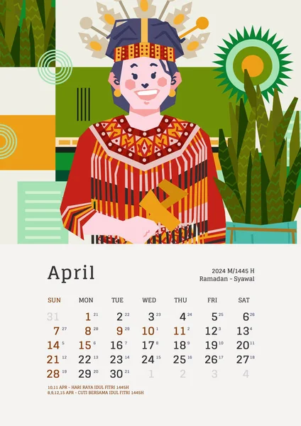 Monatskalender April Mit Layout Der Indonesischen Nationalfeiertagsvorlage Editierbarer Text — Stockvektor
