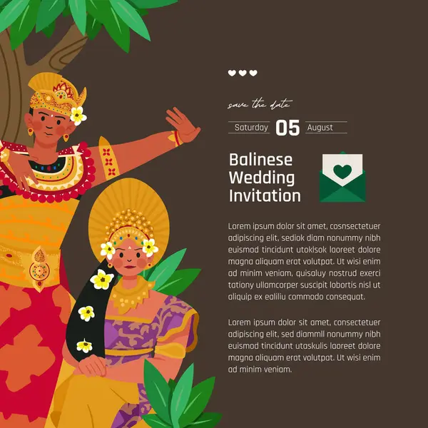 Tradicional Vestido Novia Balinés Diseño Diseño Ilustración Para Invitación Estilo — Archivo Imágenes Vectoriales
