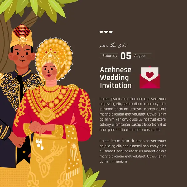 Tradizionale Abito Sposa Acehnese Disegno Layout Illustrazione Stile Piatto Invito — Vettoriale Stock