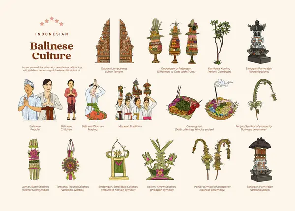 Conjunto Aislado Cultura Balinesa Indonesia Turismo Ilustración Dibujada Mano — Archivo Imágenes Vectoriales