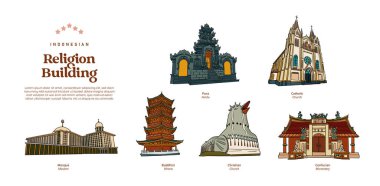 indonesian religion building hand drawn illustration. Mosque, Pura, Church, Vihara and Monastery Building. clipart