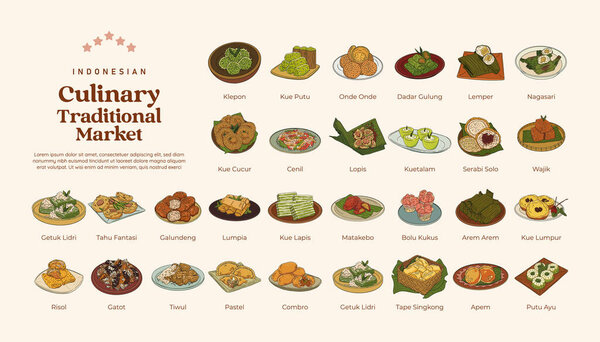 Изолированный набор индонезийских кулинарных традиций рынка закусок, нарисованный вручную иллюстрацией