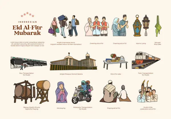 Uppsättning Eid Fitr Indonesisk Kultur Handritad Illustration — Stock vektor