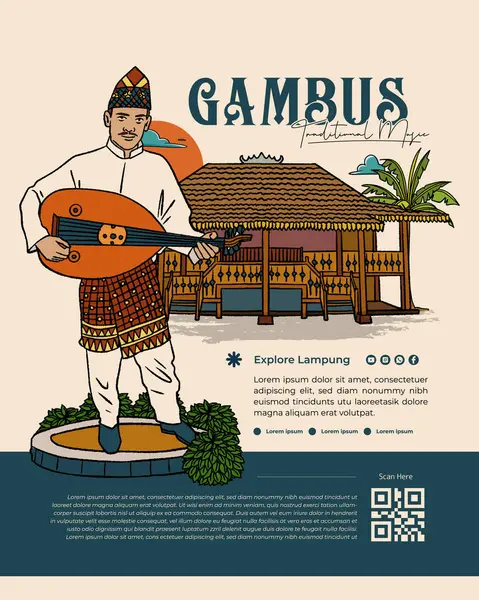 Manifesto Idea Evento Con Gambus Indonesiano Modello Layout Musicale Tradizionale — Vettoriale Stock