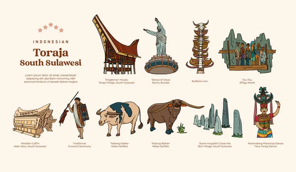 Izolované Tana Toraja Kultura Indonésie Ručně Rawn Ilustrace Design Inspirace — Stockový vektor