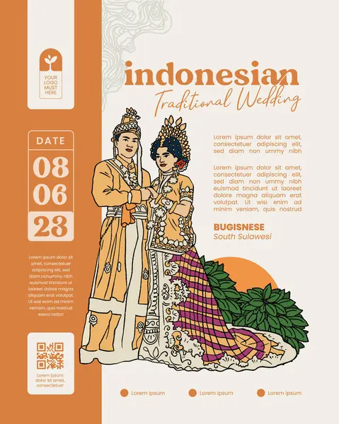 Banner Evento Boda Indonesia Bugis Sulawesi Ilustración Dibujada Mano — Archivo Imágenes Vectoriales