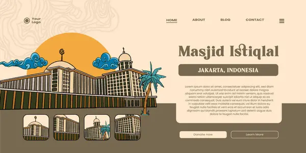 雅加达的宗教建筑用手绘图解 具有印度尼西亚背景的Istiqal清真寺Ui设计 — 图库矢量图片