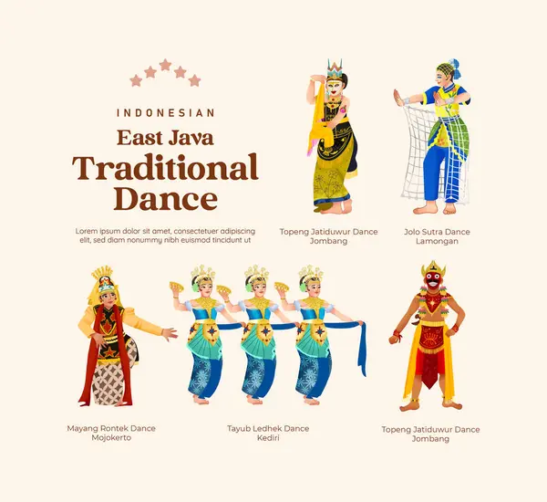 Zole Edilmiş Endonezya Kültürü Doğu Java Dans Illüstrasyon Hücresi Gölgeli — Stok Vektör