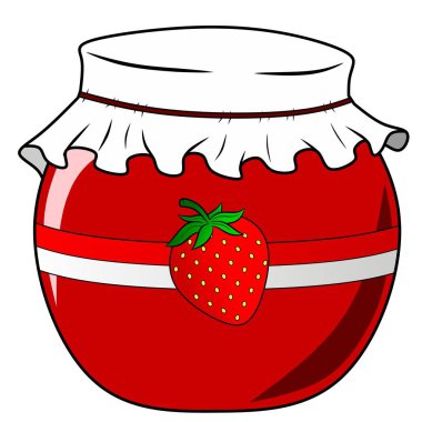 Çilek reçeli kavanozu izole edilmiş vektör çizimi. Logo, simge, sembol, iş yeri, tasarım veya dekorasyon için kırmızı böğürtlen reçel vektörü. Kavanoz vektör illüstrasyonunda çilek reçeli