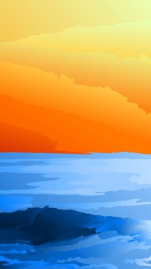 Günbatımı ya da gündoğumu okyanus vektör çizimi. Denizde grafik, duvar kağıdı, kaynak, iş, tasarım ya da dekorasyon için dalgalar. Gün batımı ya da gün doğumu dalgası. Denizde gün batımı ya da gün doğumu