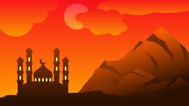 Background of silhouette mosque with orange sky for islamic design. Landscape element for design graphic ramadan greeting in muslim culture and islam religion. Ramadan wallpaper of mountain and hill