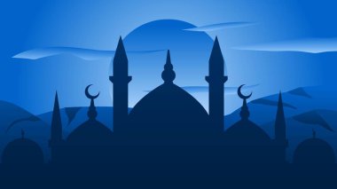 Background of silhouette mosque with blue sky for islamic design. Landscape element for design graphic ramadan greeting in muslim culture and islam religion. Ramadan wallpaper of mosque and hill
