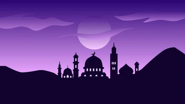 Arrière Plan Mosquée Silhouette Avec Nuit Violette Pour Design Islamique — Image vectorielle