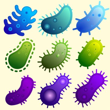Bakteri vektör illüstrasyonu. Koronavirüsün, salgının, salgının ya da karantinanın resmedilmesi için bakteri simgesi. Çovid, enfeksiyon, virüs, mikrop ve hastalıkla ilgili tasarım için illüstrasyon