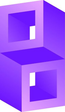 Sonsuzluk bloğunun üç boyutlu optik illüzyonu. İllüzyon karesinin vektör çizimi. Logo, tasarım, sanat, eğitim veya sanat için üç boyutlu geometrik yanılsama. Mor blokların perspektif yanılsaması
