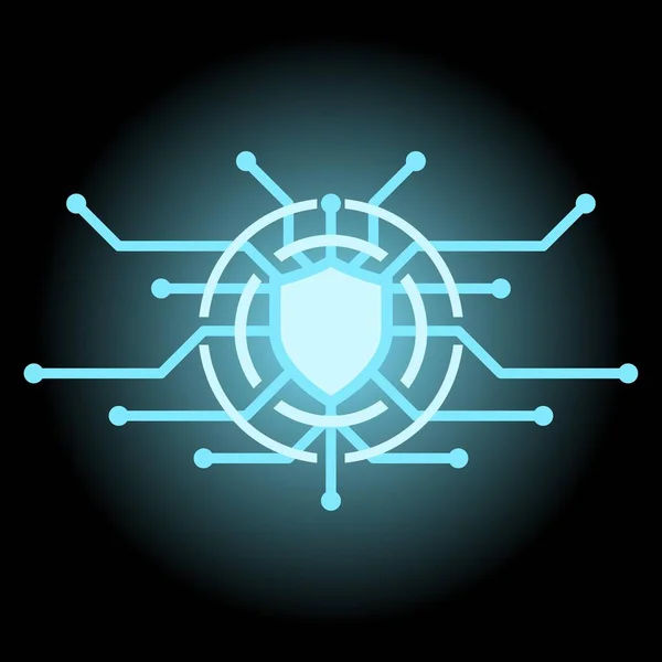 Ilustração Vetor Segurança Cibernética Escudo Azul Brilhante Circuito Sistema Segurança — Vetor de Stock