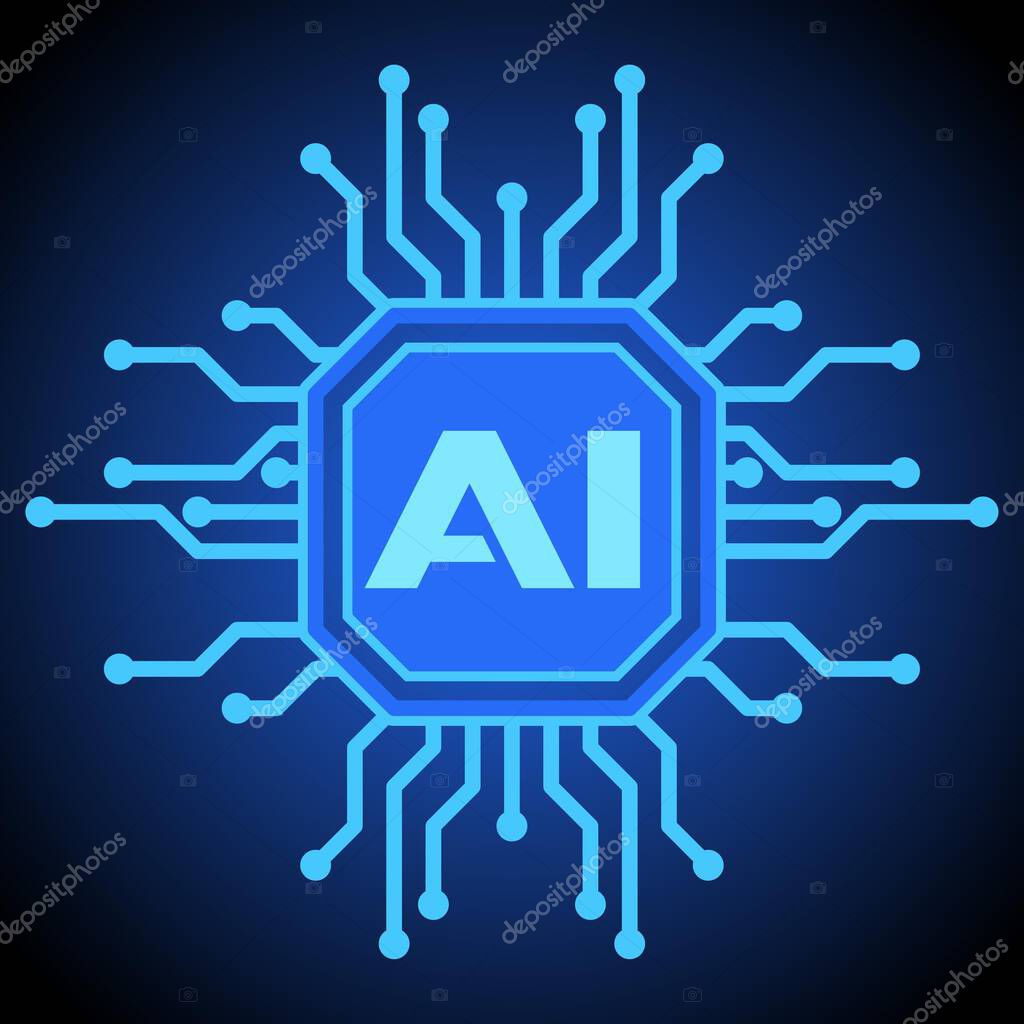 Artificial intelligence symbol vector illustration. Glowing blue chipset for artificial intelligence illustration. Chip icon for graphic resource of technology, futuristic, computer, cyber and science