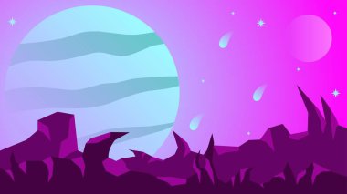 Bilim kurgu manzara vektör çizimi. Violet Jupiter gezegeninin arka planı. Kuyrukluyıldız ve yıldızlı mor galaksi manzarası. Arkaplan, duvar kağıdı veya illüstrasyon için bilim kurgu vektörü