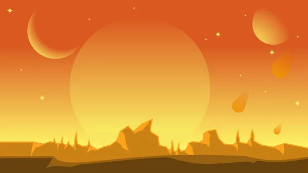 科幻小说景观矢量图解 橙色炽热的行星景观空间图 黄道带日月的星系 壁纸或插图的科幻小说矢量 — 图库矢量图片