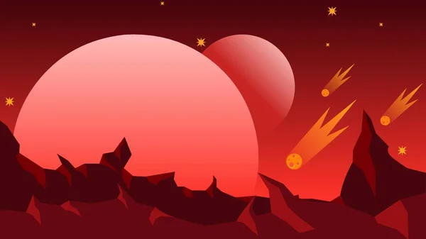 科幻小说景观矢量图解 红色星球景观空间图 有月亮和彗星的深红星系 壁纸或插图的科幻小说矢量 — 图库矢量图片