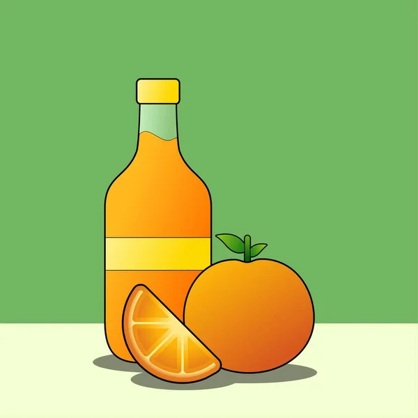 まだ生命ベクトル図 ボトルとオレンジフルーツのオレンジジュースのまだ人生のイラスト 緑の背景にレジャーデザインや絵画芸術のための隔離されたオレンジジュースのシンプルかつリラックス — ストックベクタ