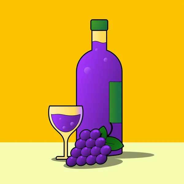 まだ生命ベクトル図 黄色の背景にブドウとワインとガラスの静物画 レジャーデザインや絵画アートのためのワインのガラスのシンプルかつリラックス — ストックベクタ