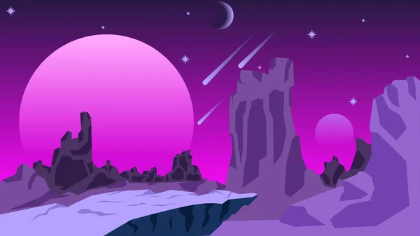 科幻小说景观矢量图解 紫罗兰行星景观背景 紫色星系的高山悬崖景观 壁纸或插图的科幻小说矢量 — 图库矢量图片