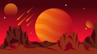 Bilim kurgu manzara vektör çizimi. Kırmızı Jüpiter gezegeni manzarası. Kuyruklu yıldız ve dağla kıpkırmızı galaksi manzarası. Arkaplan, duvar kağıdı veya illüstrasyon için bilim kurgu vektörü