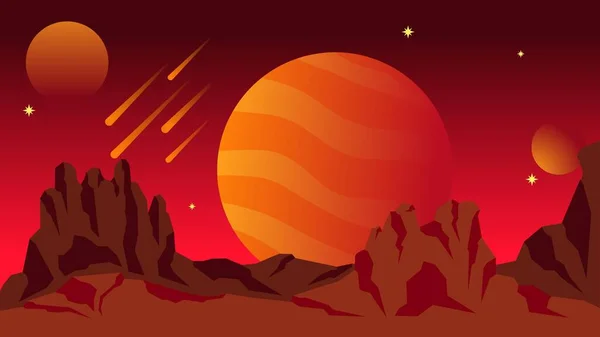 Ilustrasi Vektor Lanskap Fiksi Ilmiah Latar Belakang Lanskap Planet Jupiter - Stok Vektor