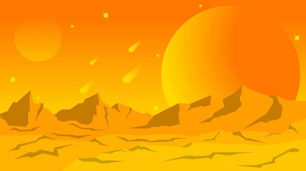 科幻小说景观矢量图解 橙色黄沙行星景观空间图 小说中的太阳和月亮的星系 壁纸或插图的科幻小说矢量 — 图库矢量图片