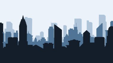 Sabahları şehir manzarasının peyzaj silueti. Güneşin doğuşu ve açık gökyüzü ile panoramik şehir manzarası. Metropolis bölgesindeki manzaralı gökdelen binasının vektör çizimi