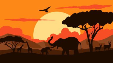 Geyik, fil ve zürafayla Afrika vahşi yaşam çizimleri. Huzurlu günbatımında görkemli Afrika hayvanlarının olduğu manzaralı savana. Panoramik safari hayvan silueti vektör çizimi