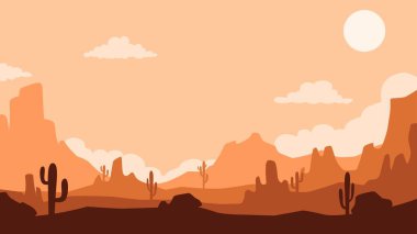 Batı çöl silueti manzara vektör çizimi. Tereyağlı ve kaktüslü çöl manzarası silueti. Gün batımında vahşi batı manzarası manzarası