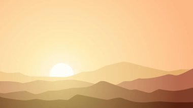 Dağ sırası manzara vektör çizimi. Gün doğumunda panoramik dağ sırası. Gün doğumu ve sırtı ile dağ arkaplanı silueti