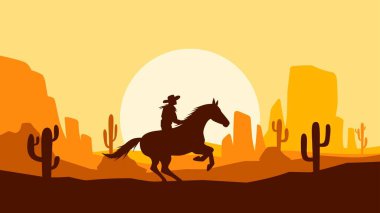Kovboy atı silueti manzara vektör çizimi. Çölde at siluetine binen kovboy elinde tereyağı ve kaktüsüyle. Vahşi batı çöllerinde yalnız kovboy silueti.
