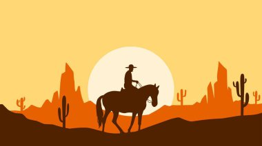 Kovboy atı silueti manzara vektör çizimi. Çölde at siluetine binen kovboy elinde tereyağı ve kaktüsüyle. Vahşi batı çöllerinde yalnız kovboy silueti.
