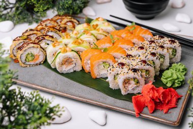 Different types of Japanese sushi on plate
