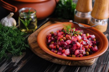 Vinaigrette salad with boiled vegetables closeup