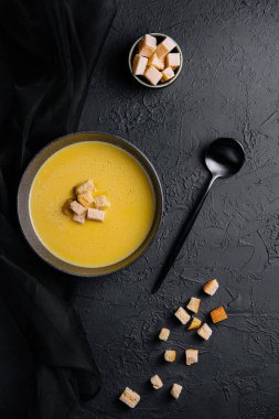 cheese soup with crackers top view