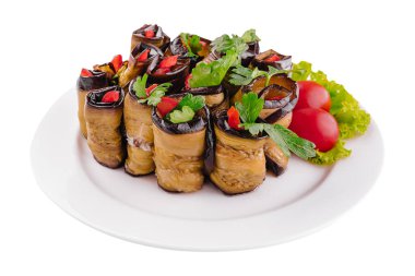 Rolls of fried eggplant stuffed with mayonnaise and tomatoes