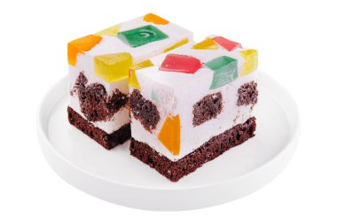 Jelly cake with colored fruits and berries inside