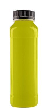 Bottle of healthy green smoothie on white