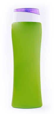 Green plastic bottle with shampoo gel on white background