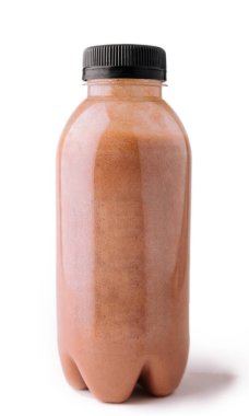 chocolate smoothies in plastic bottles on white